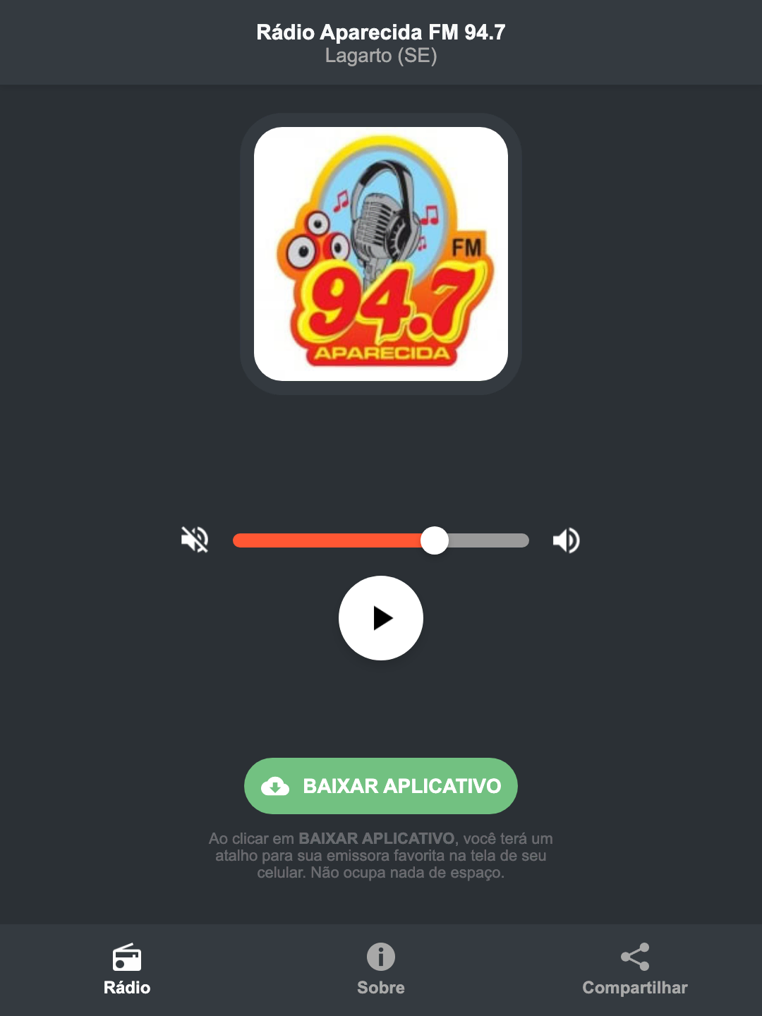 Screenshot do aplicativo da Rádio Aparecida FM 94.7