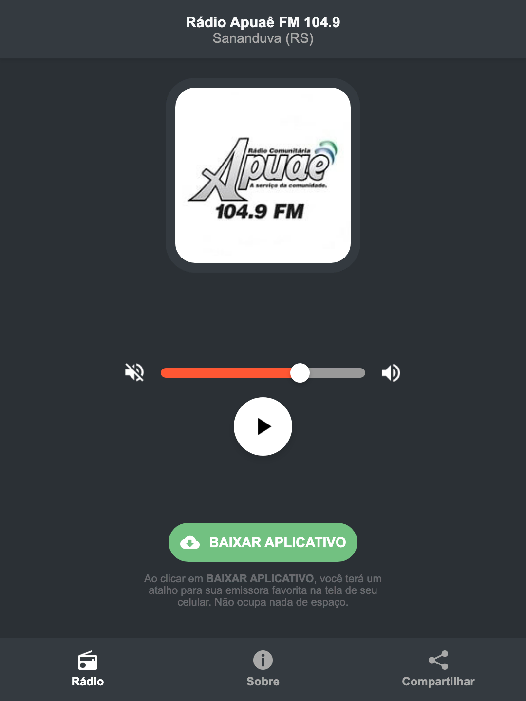 Screenshot do aplicativo da Rádio Apuaê FM 104.9