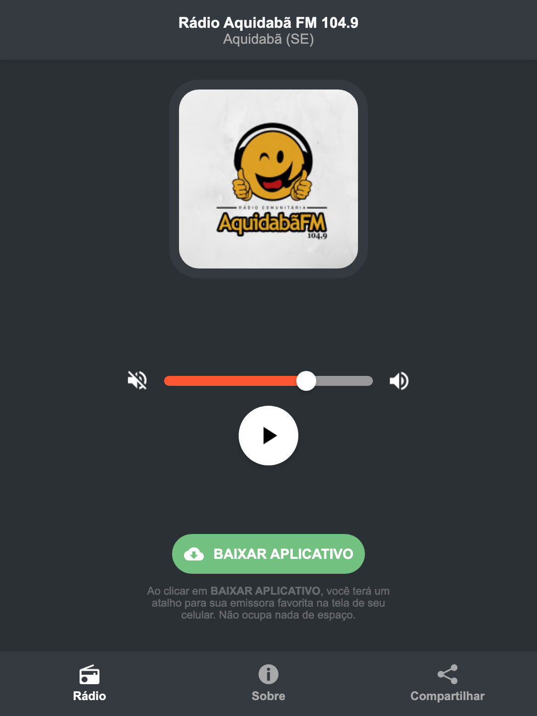 Screenshot do aplicativo da Rádio Aquidabã FM 104.9