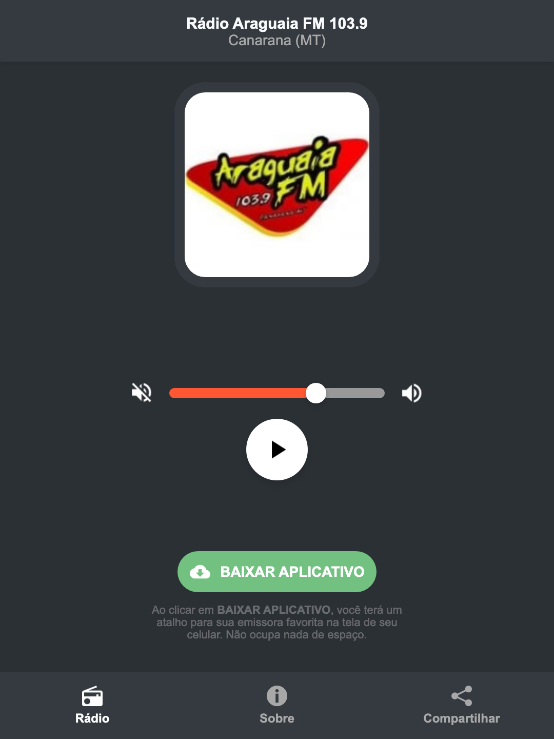 Screenshot do aplicativo da Rádio Araguaia FM 103.9
