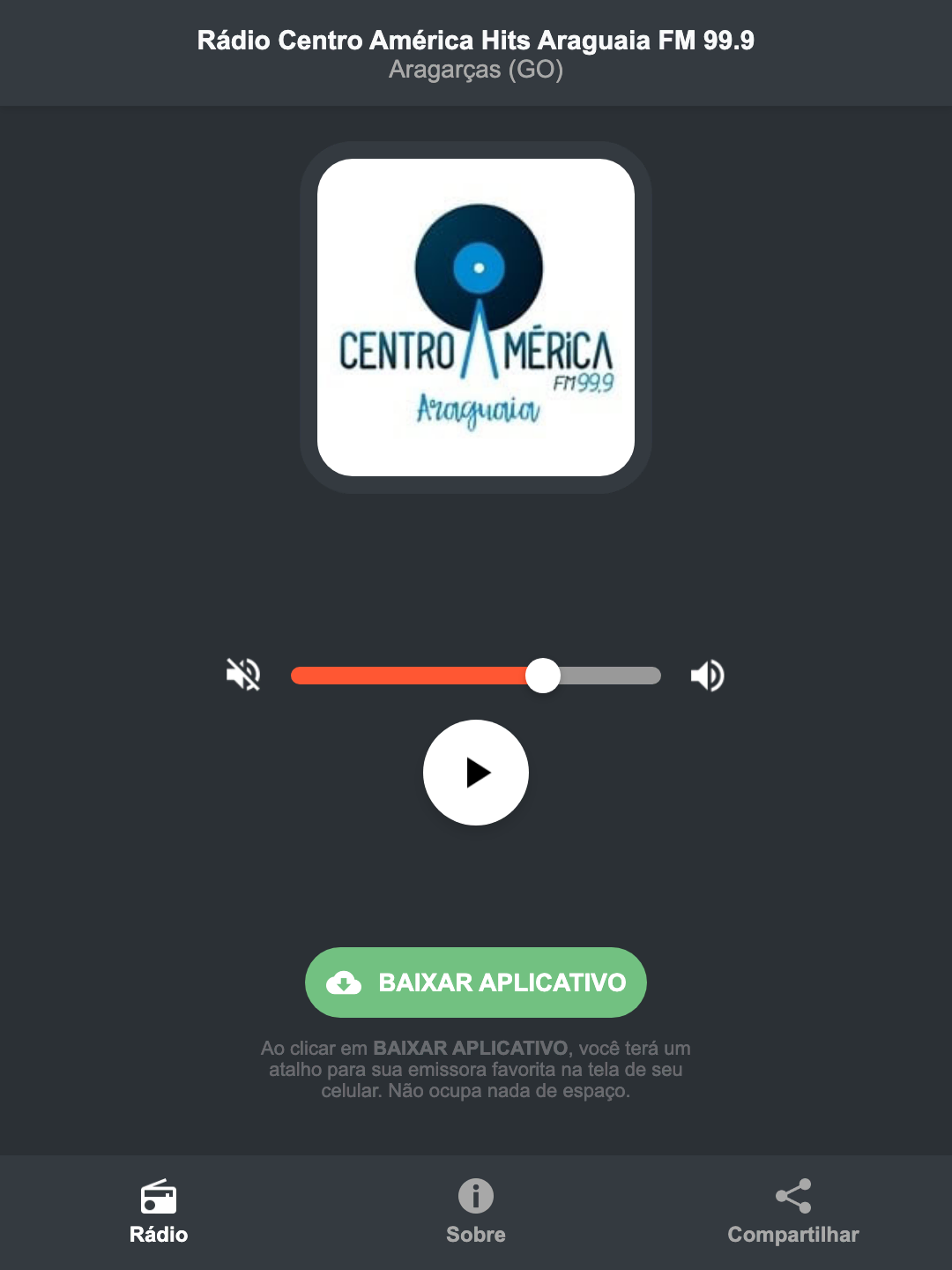 Screenshot do aplicativo da Rádio Centro América Hits Araguaia FM 99.9