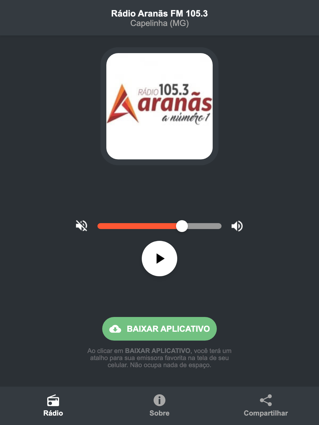 Screenshot do aplicativo da Rádio Aranãs FM 105.3