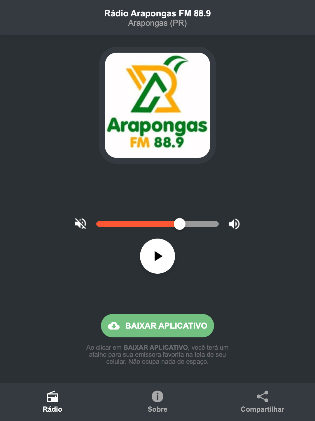 Screenshot do aplicativo da Rádio Arapongas FM 88.9