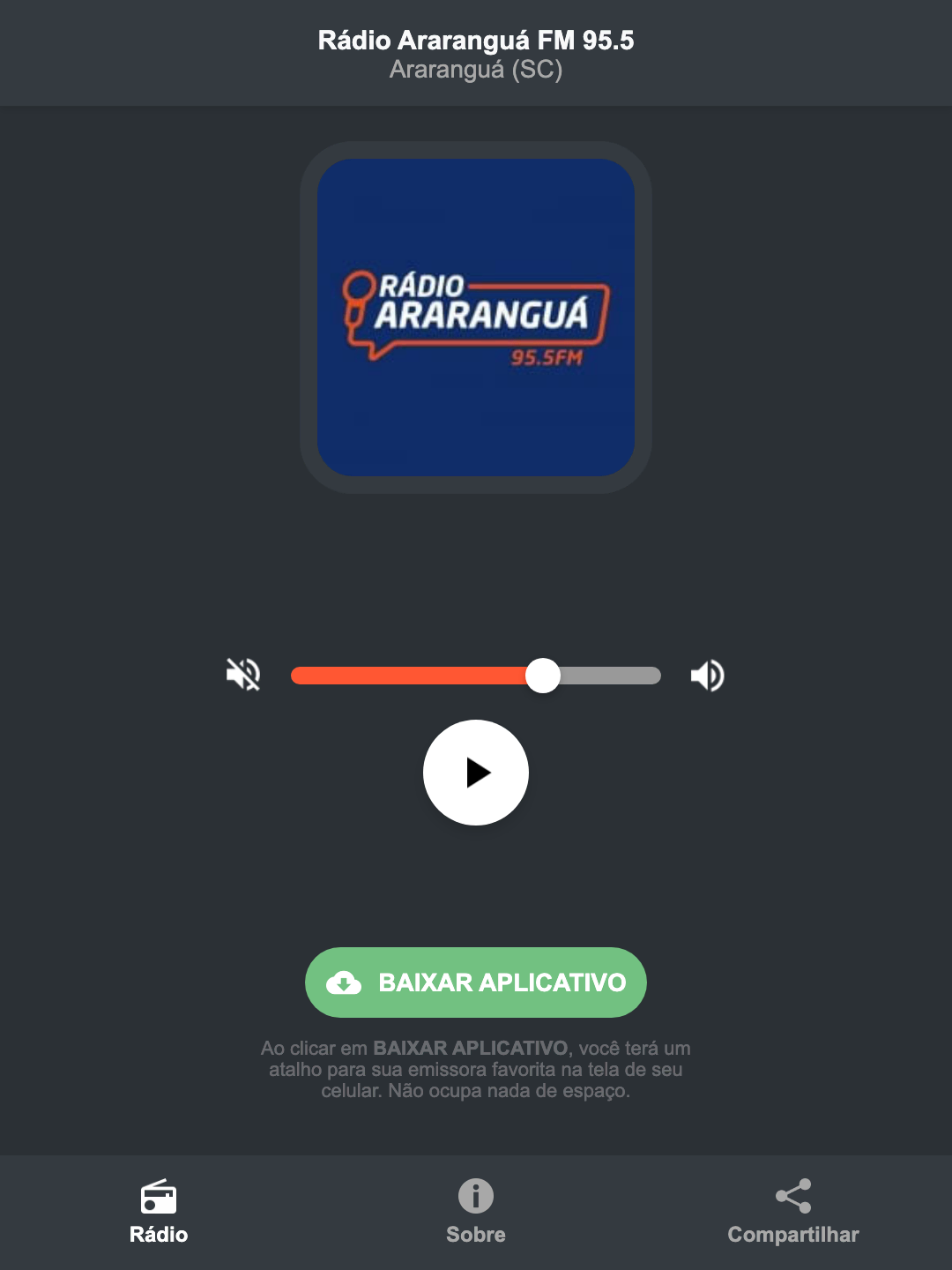 Screenshot do aplicativo da Rádio Araranguá FM 95.5