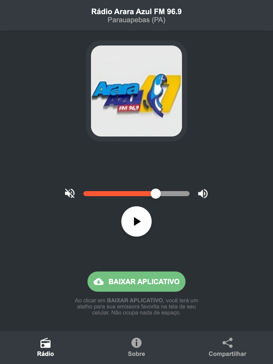 Screenshot do aplicativo da Rádio Arara Azul FM 96.9