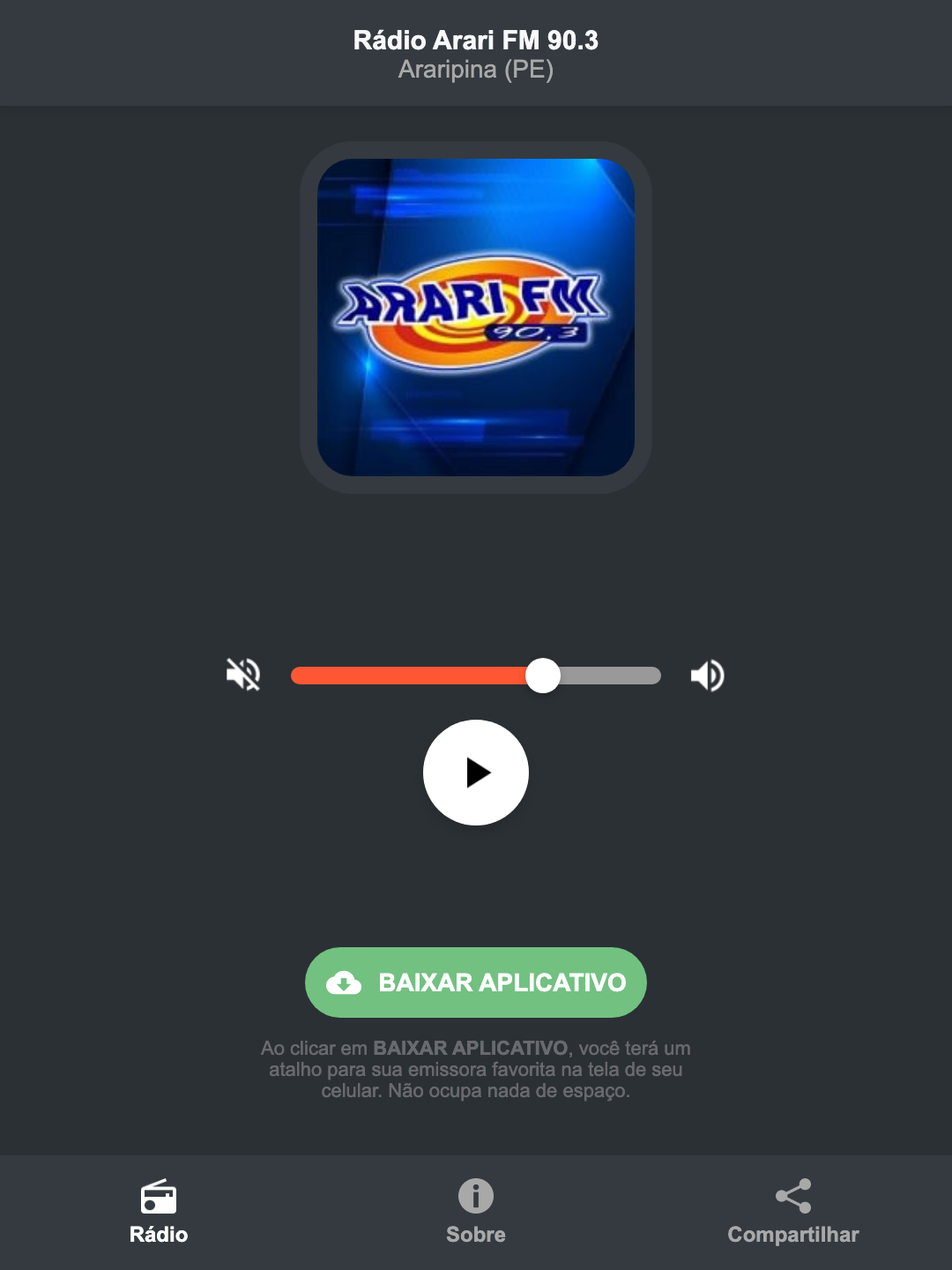 Screenshot do aplicativo da Rádio Arari FM 90.3