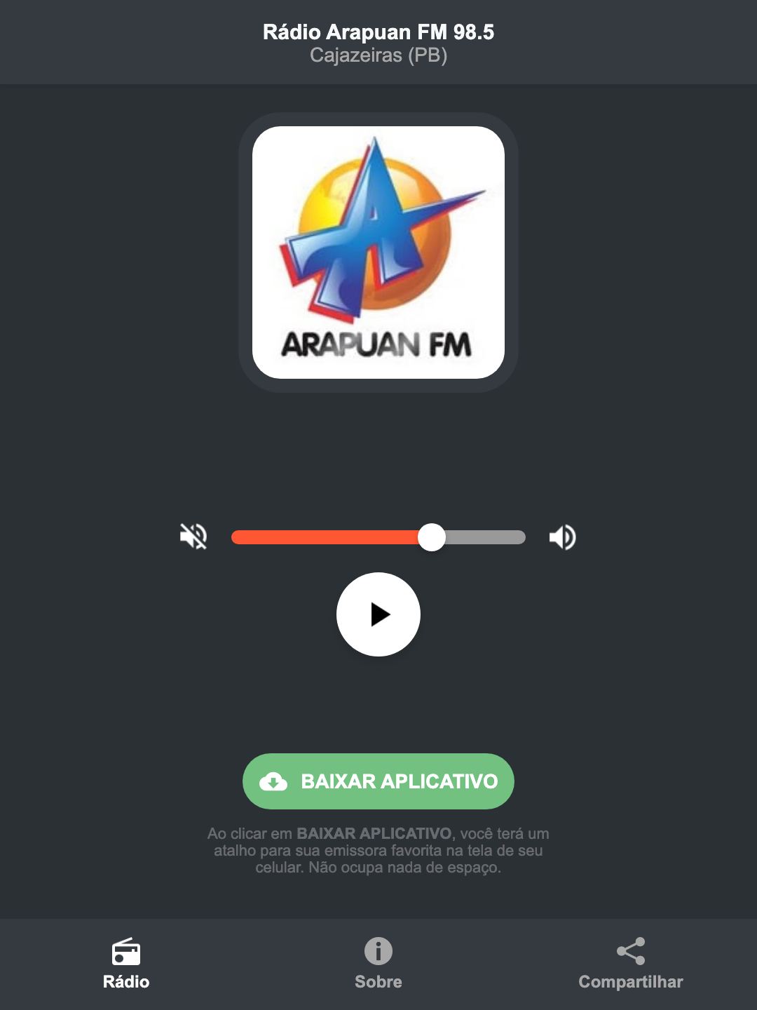 Screenshot do aplicativo da Rádio Arapuan FM 98.5