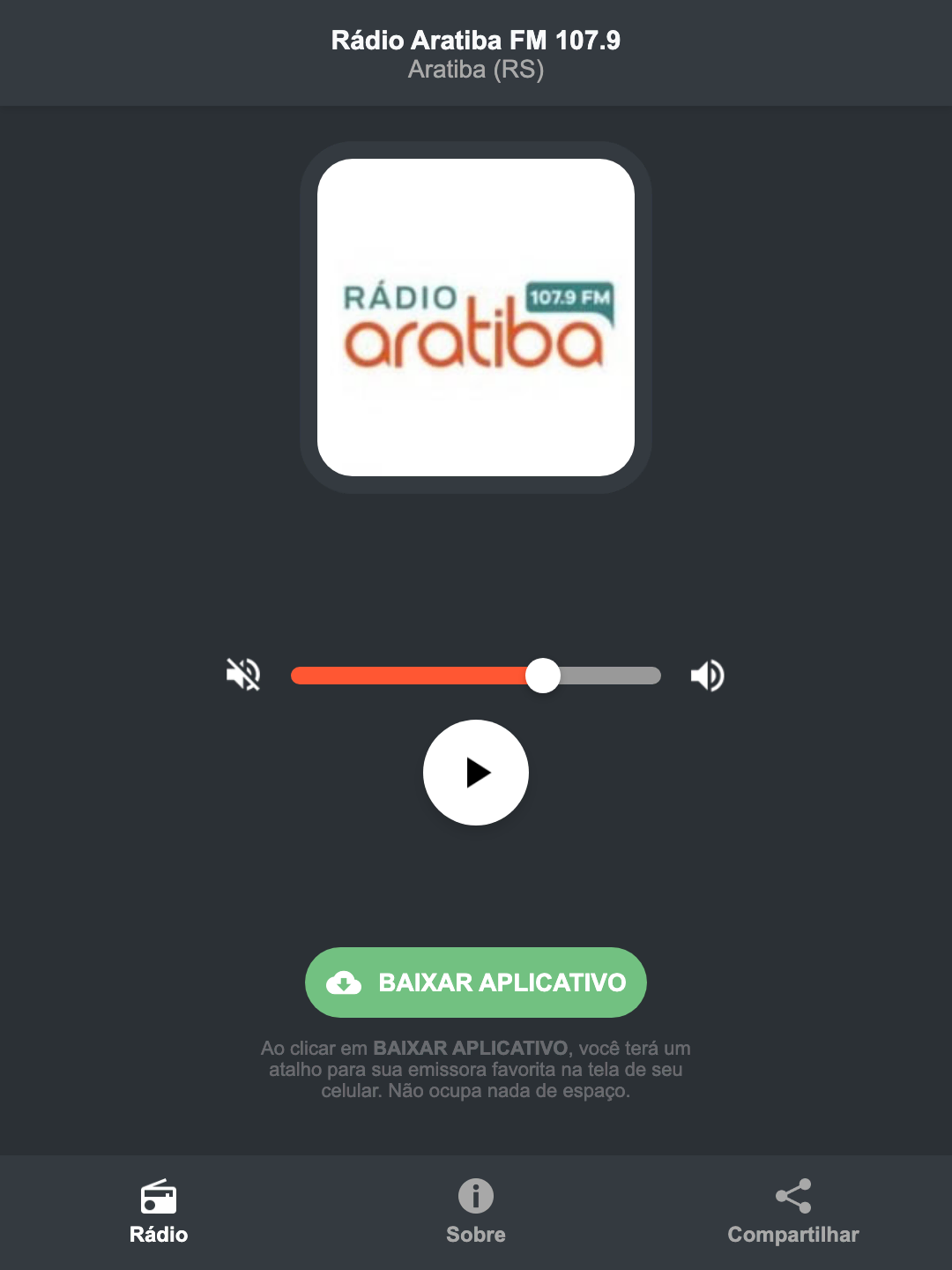 Screenshot do aplicativo da Rádio Aratiba FM 107.9