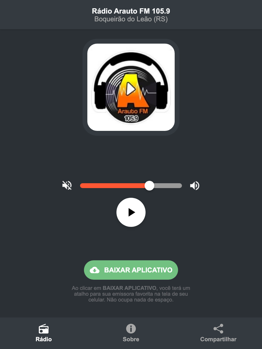Screenshot do aplicativo da Rádio Arauto FM 105.9