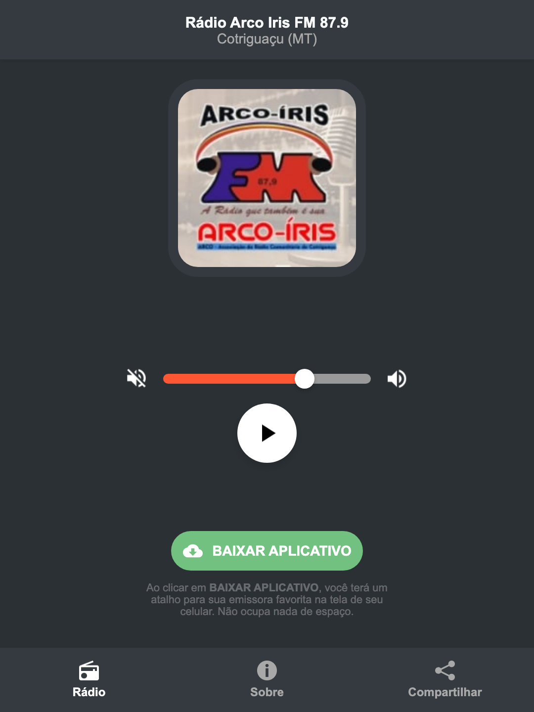 Screenshot do aplicativo da Rádio Arco Iris FM 87.9