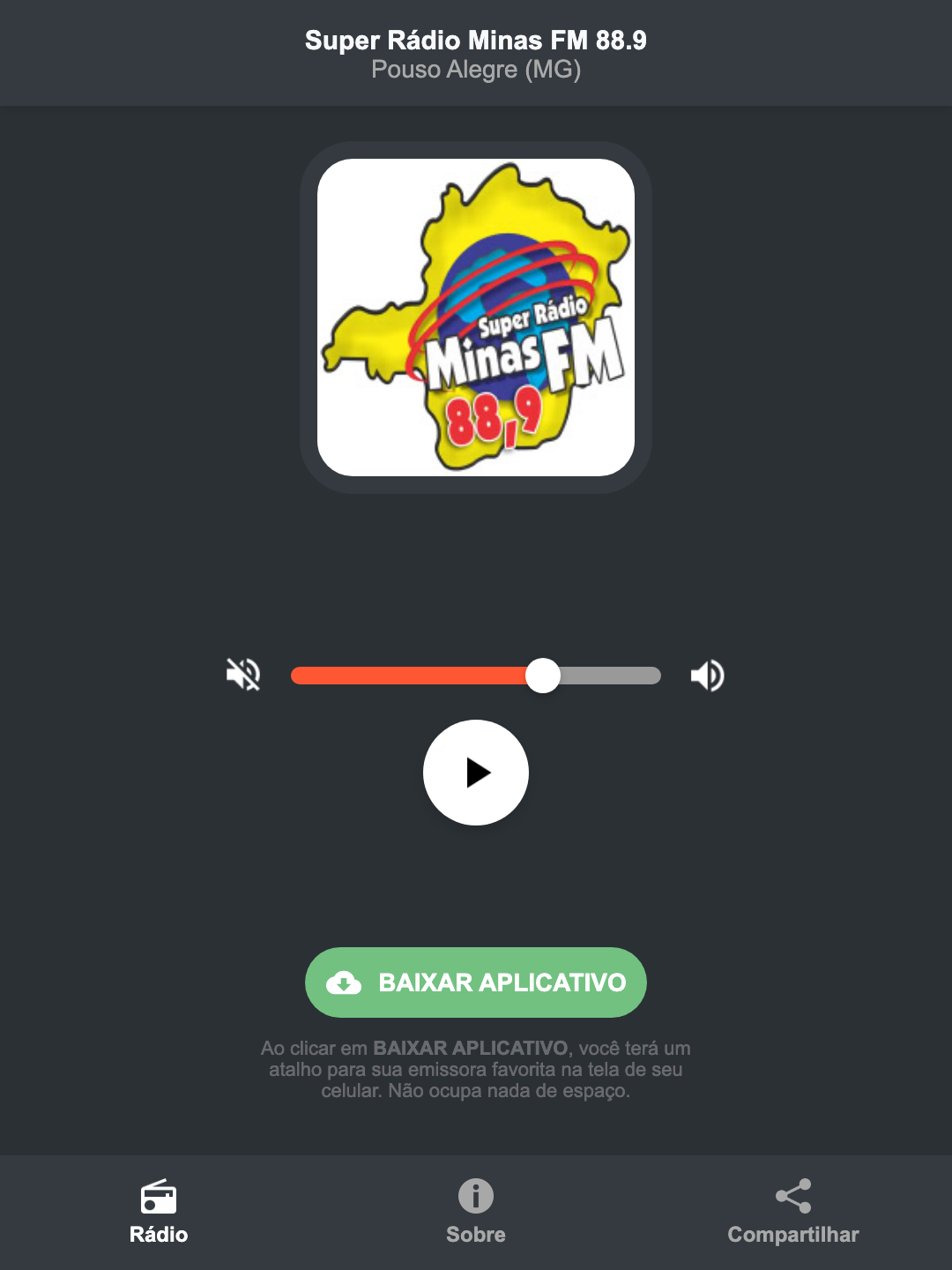 Screenshot do aplicativo da Super Rádio Minas FM 88.9