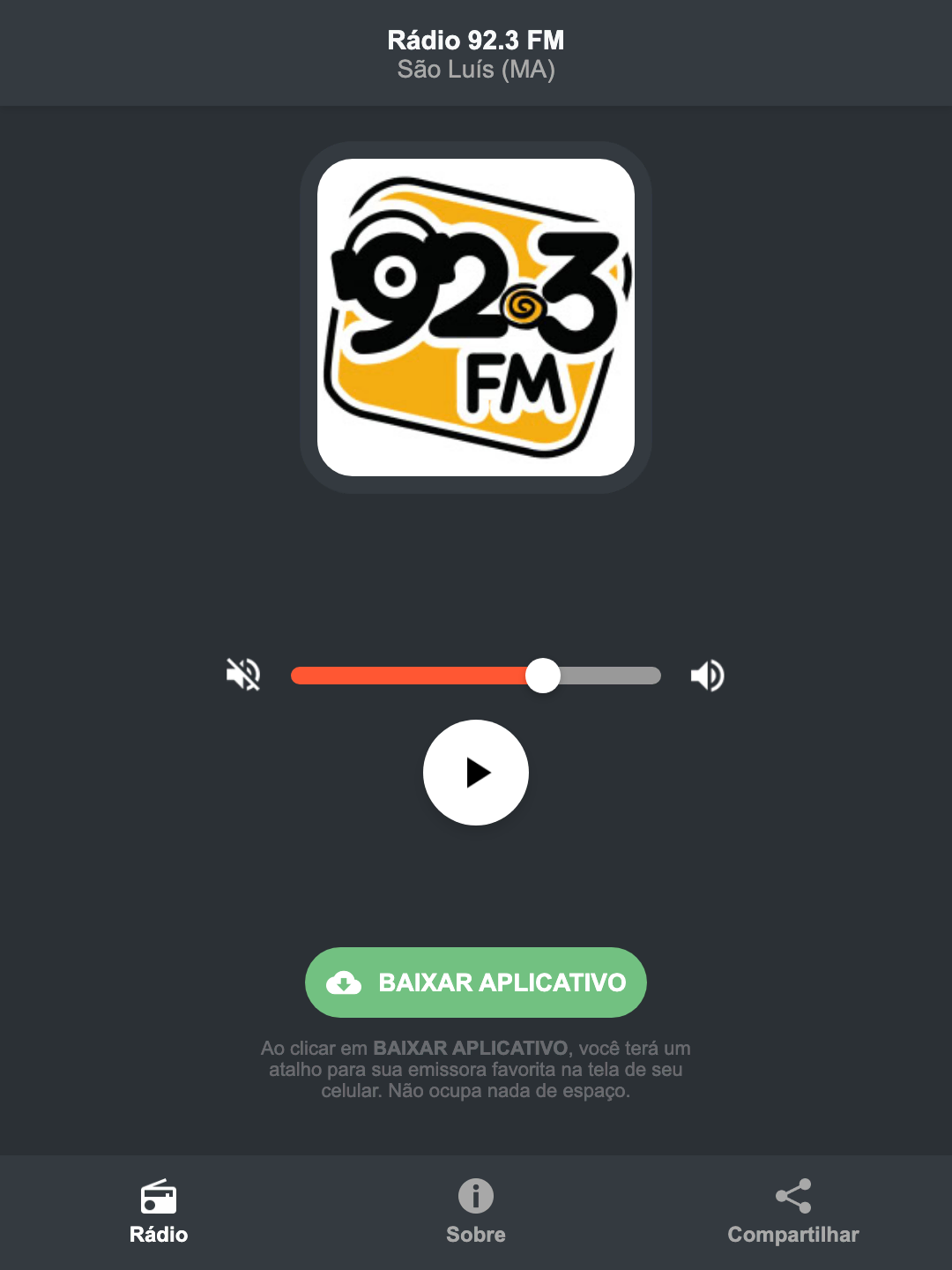 Screenshot do aplicativo da Rádio 92.3 FM