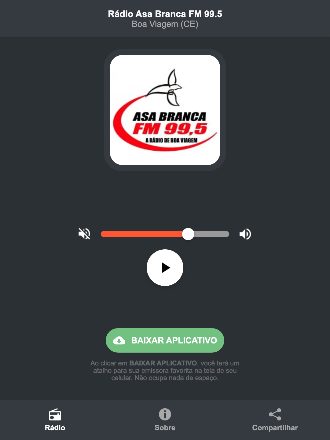 Screenshot do aplicativo da Rádio Asa Branca FM 99.5