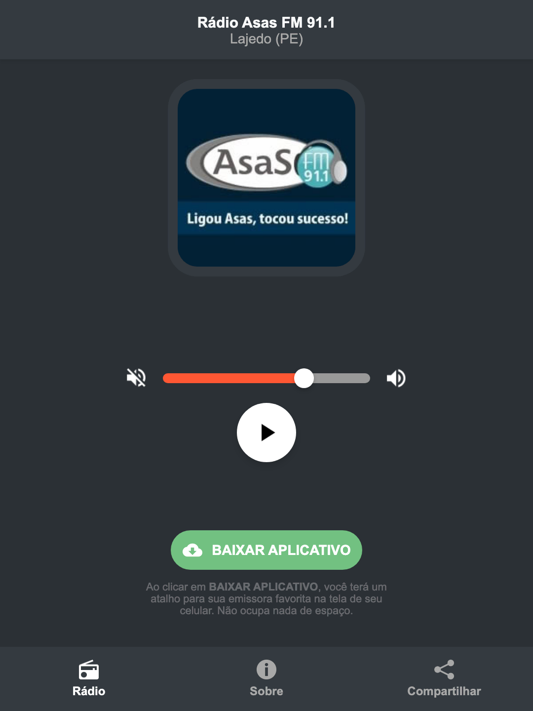 Screenshot do aplicativo da Rádio Asas FM 91.1