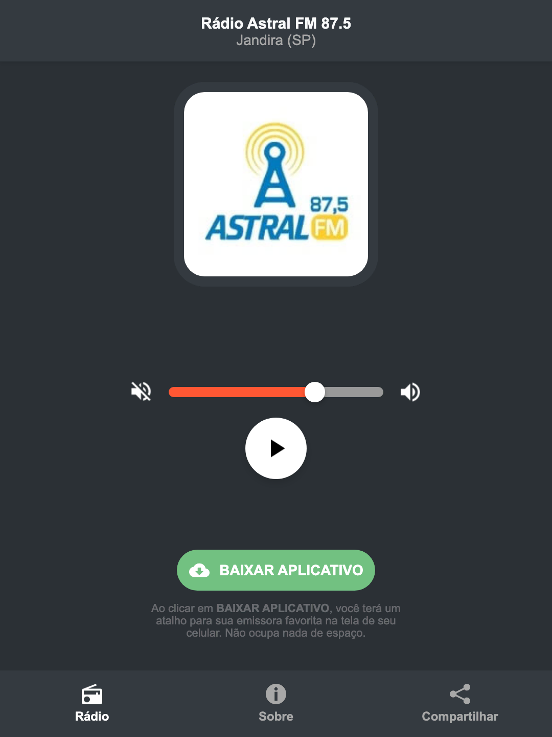 Screenshot do aplicativo da Rádio Astral FM 87.5