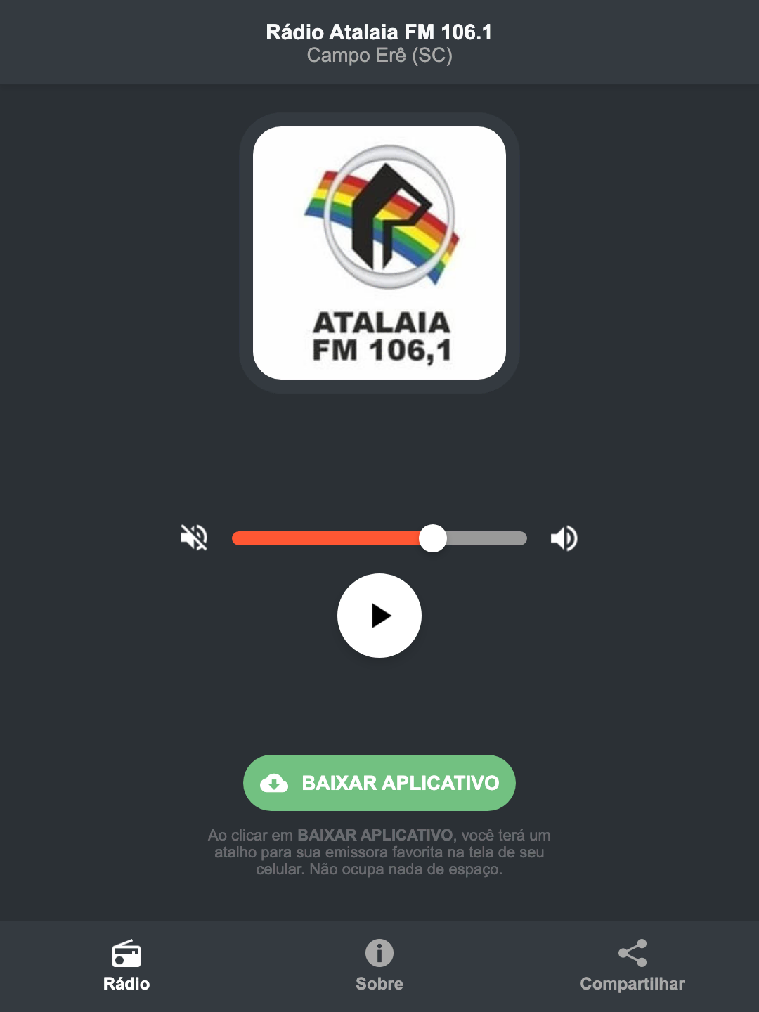 Screenshot do aplicativo da Rádio Atalaia FM 106.1