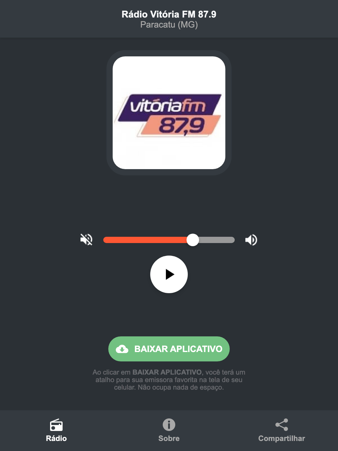 Screenshot do aplicativo da Rádio Vitória FM 87.9