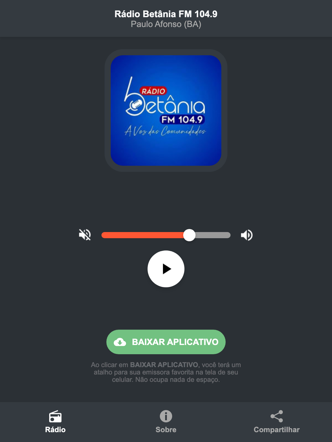 Screenshot do aplicativo da Rádio Betânia FM 104.9
