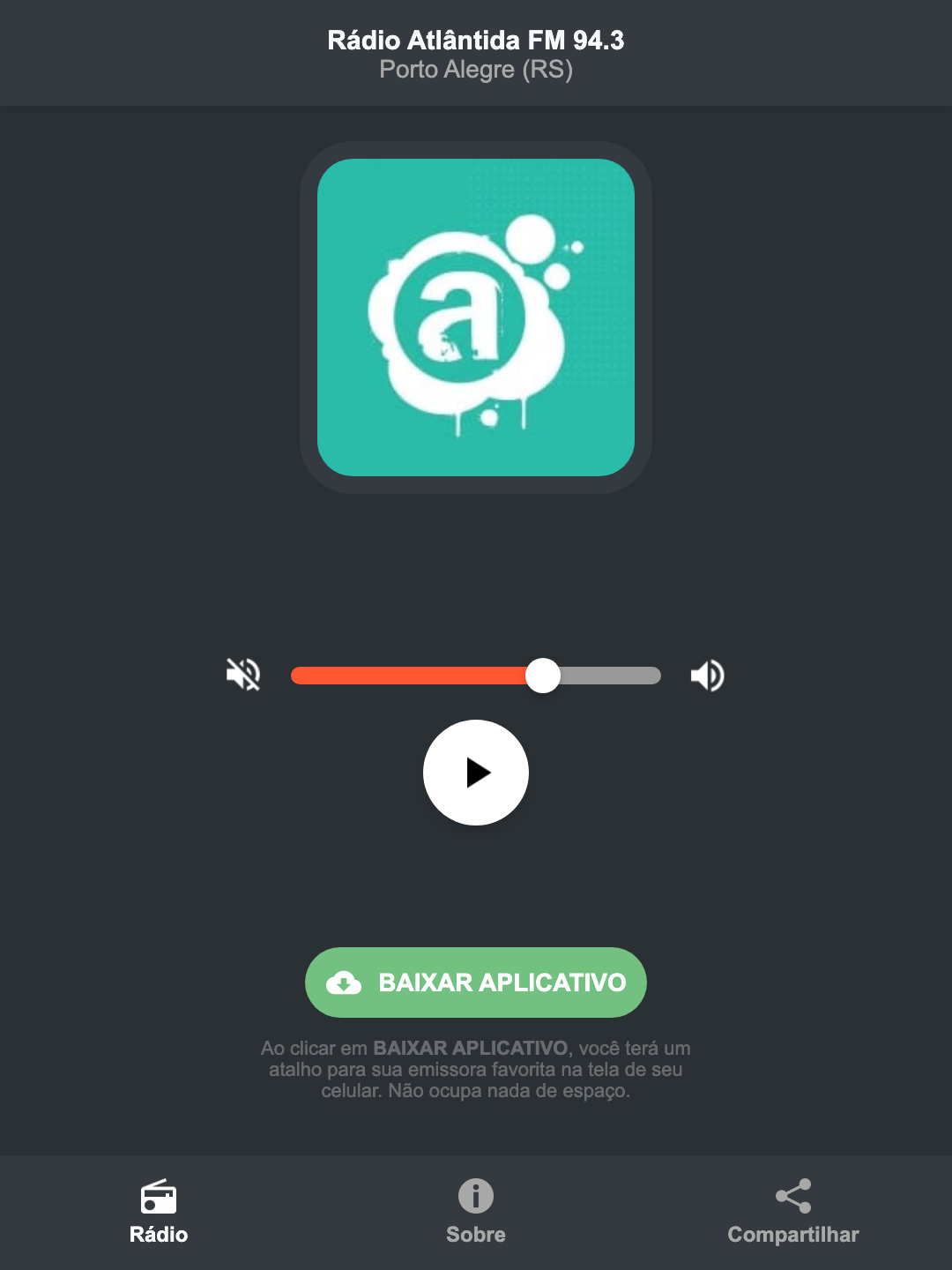Screenshot do aplicativo da Rádio Atlântida FM 94.3