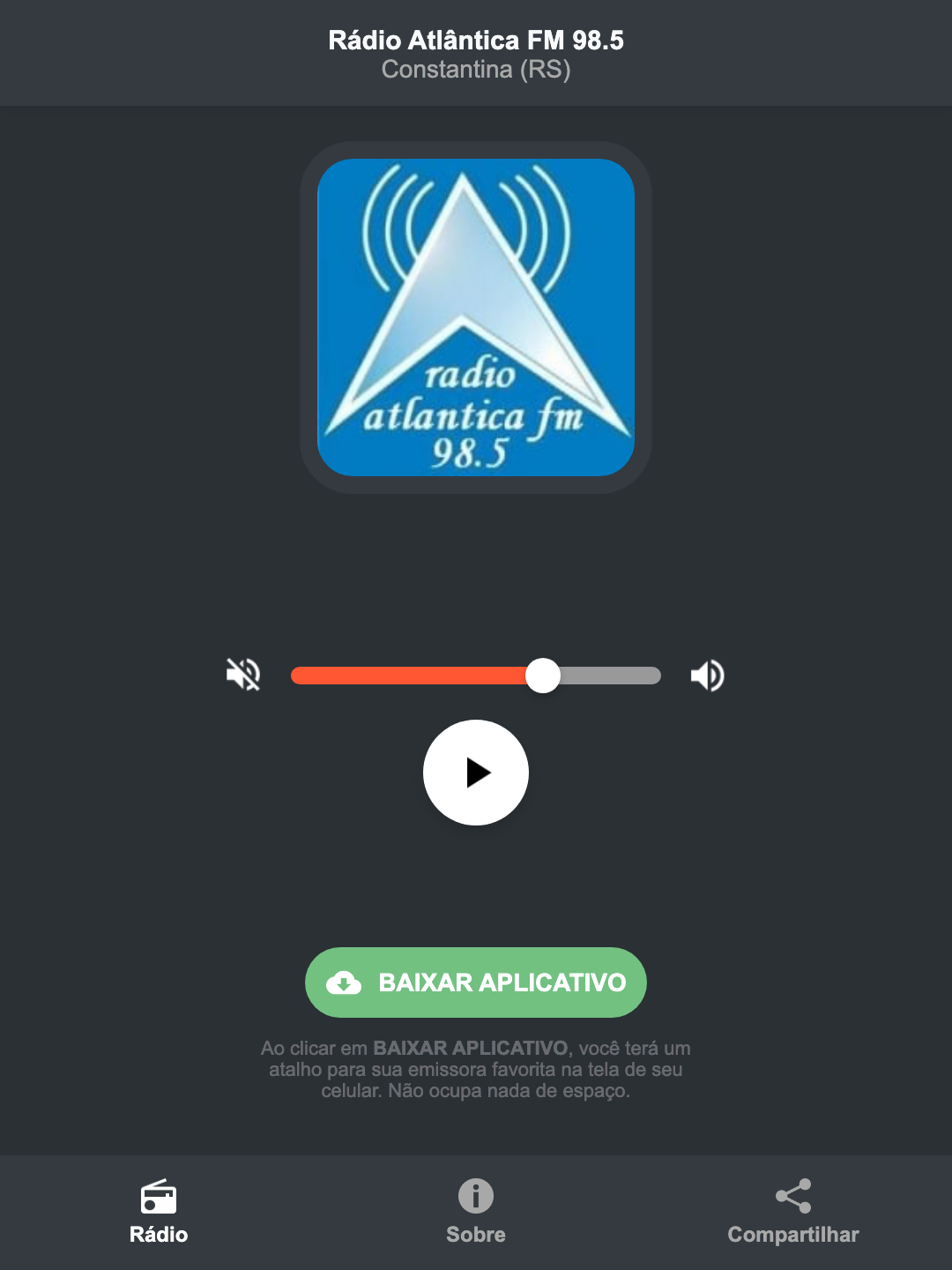 Screenshot do aplicativo da Rádio Atlântica FM 98.5