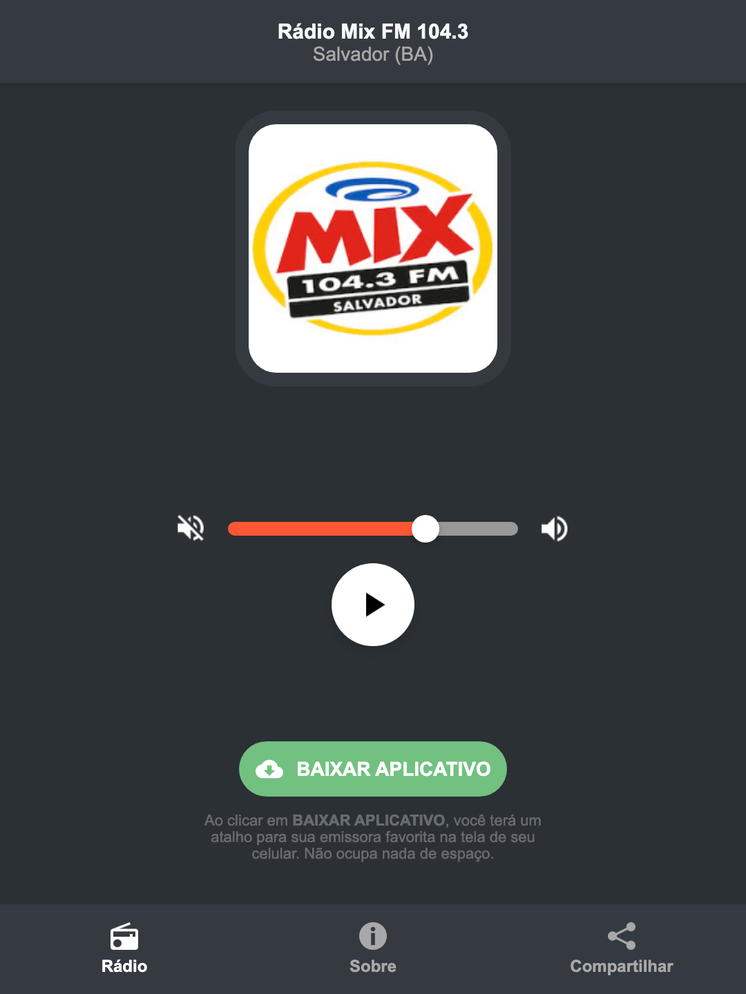 Screenshot do aplicativo da Rádio Mix FM 104.3