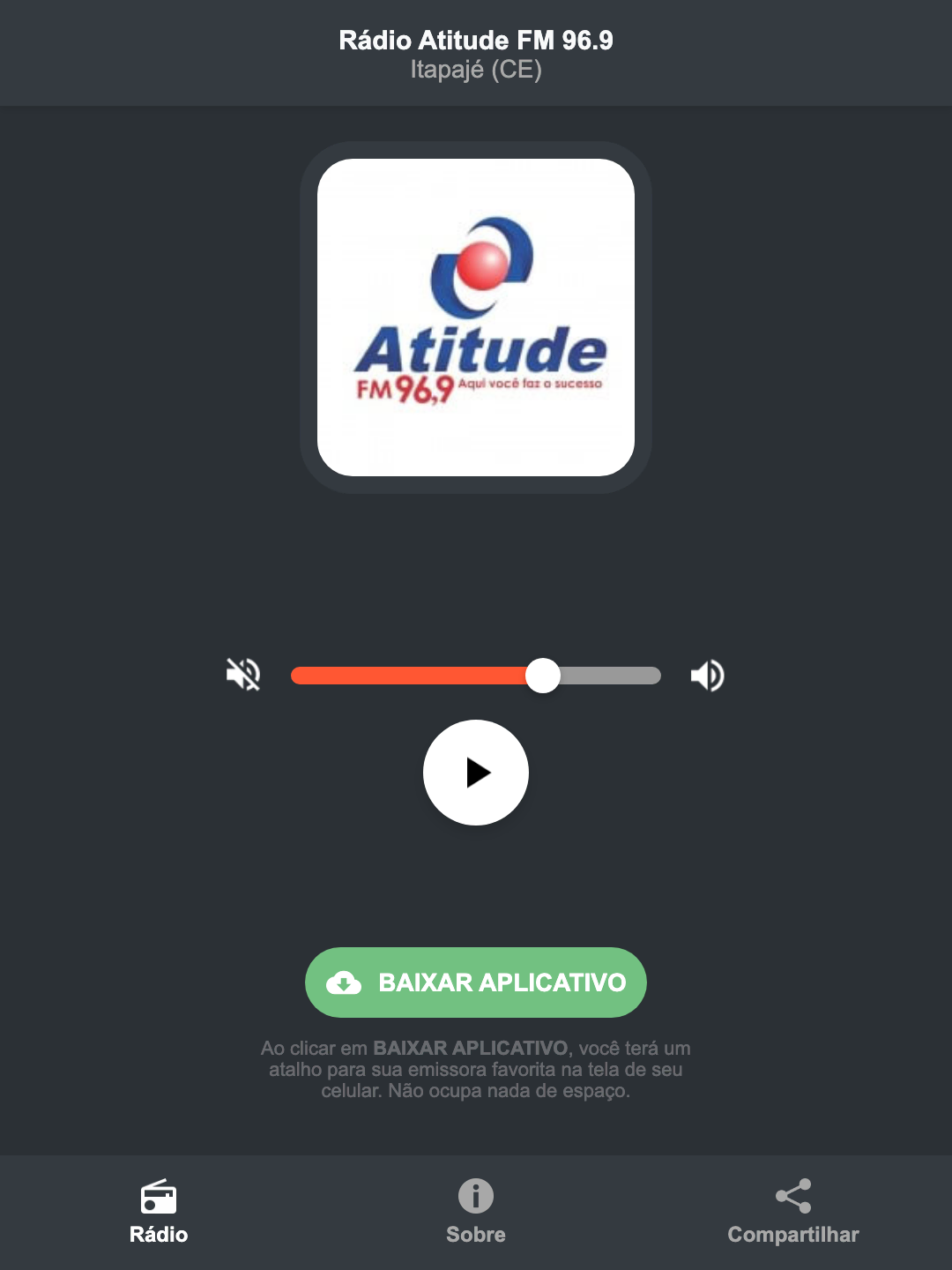 Screenshot do aplicativo da Rádio Atitude FM 96.9