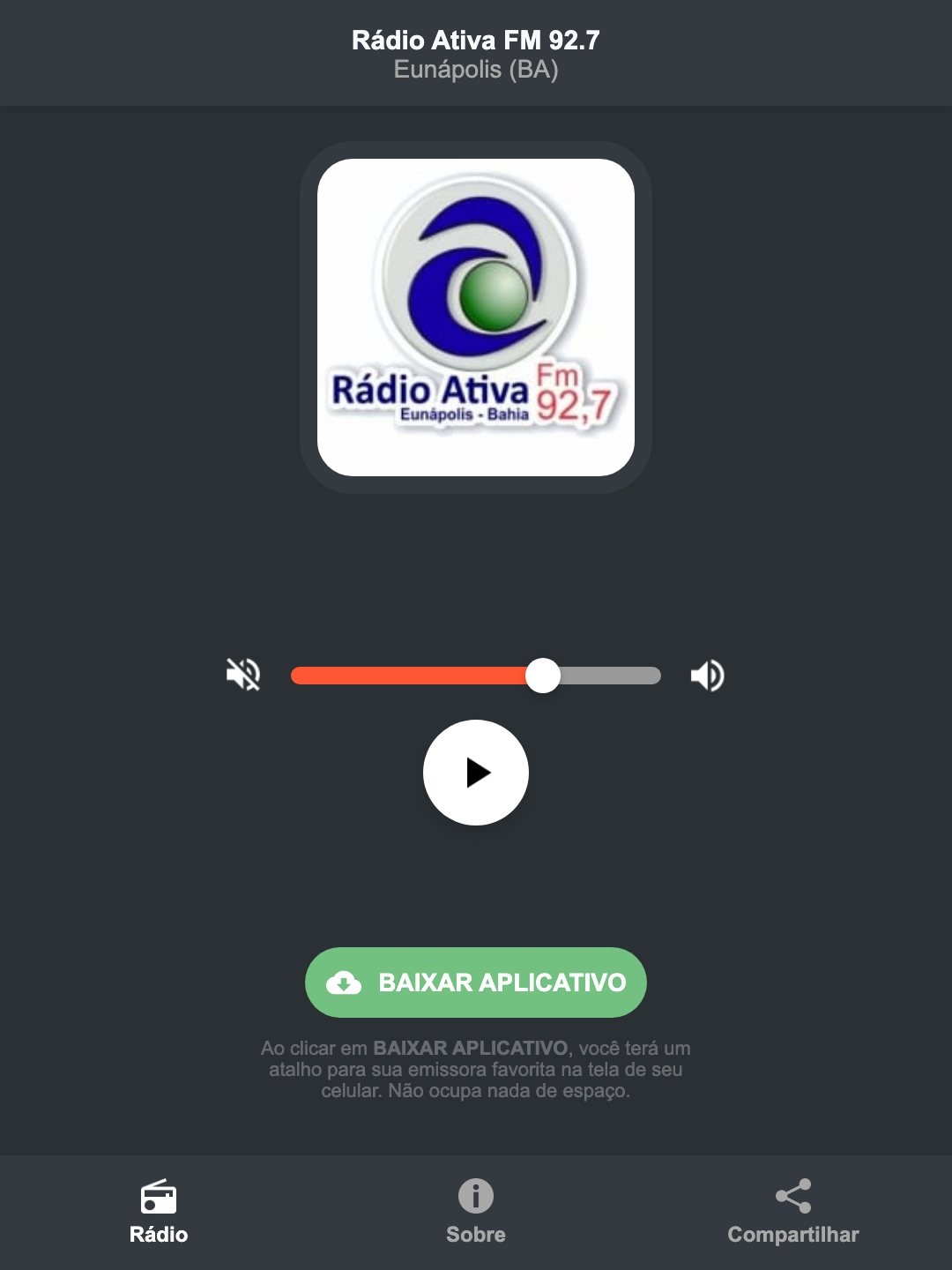 Screenshot do aplicativo da Rádio Ativa FM 92.7