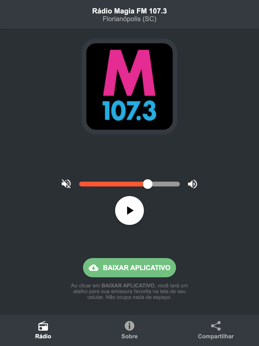 Screenshot do aplicativo da Rádio Magia FM 107.3