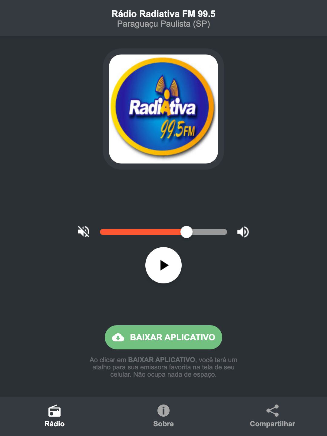 Screenshot do aplicativo da Rádio Radiativa FM 99.5