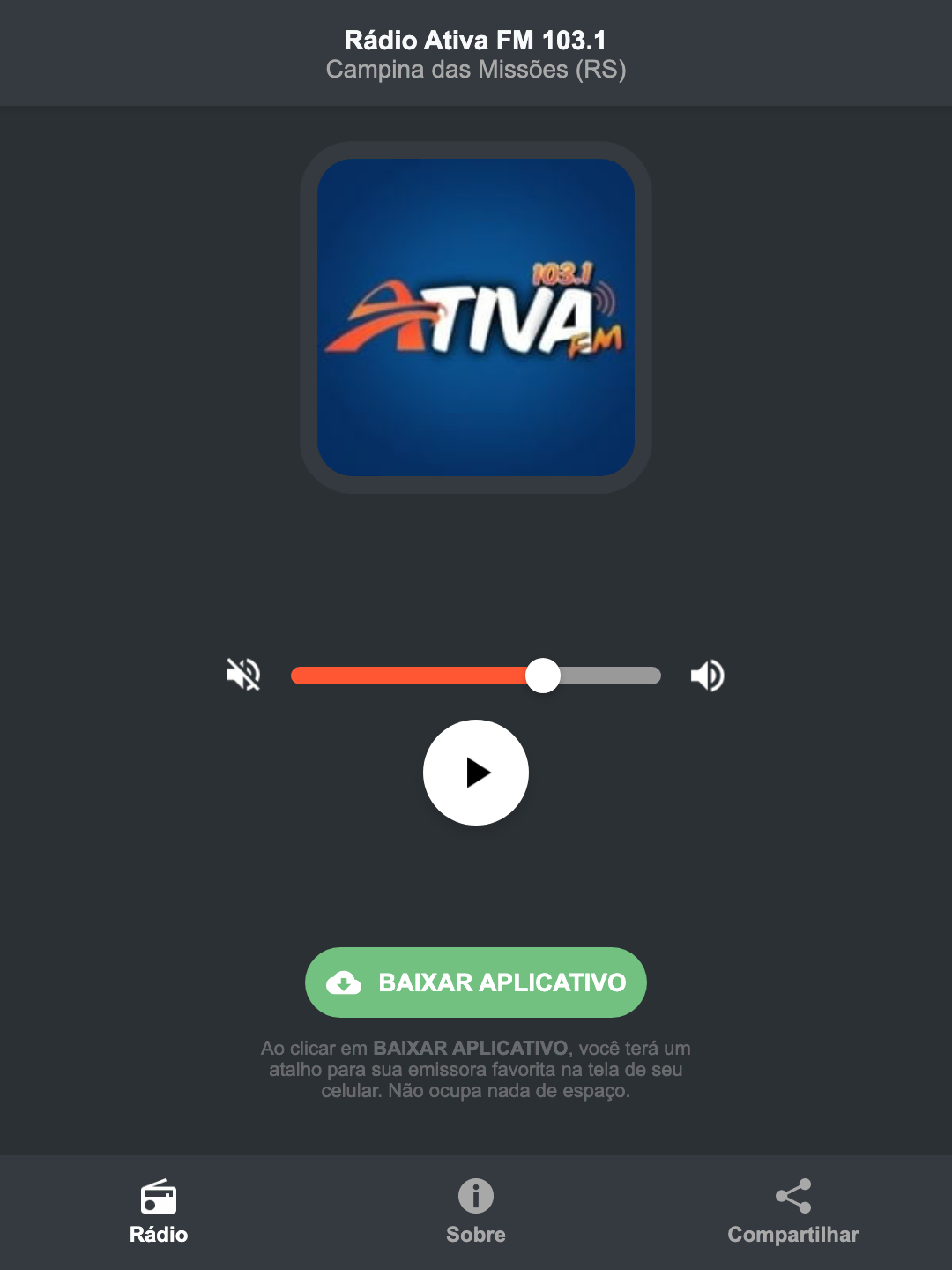 Screenshot do aplicativo da Rádio Ativa FM 103.1