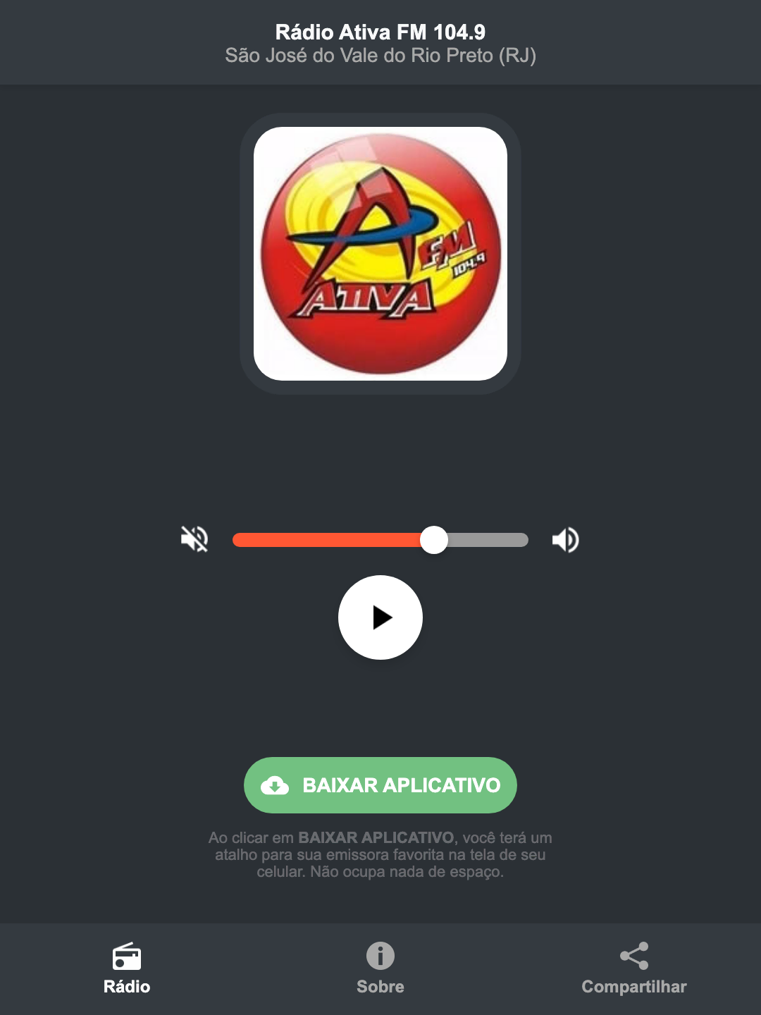 Screenshot do aplicativo da Rádio Ativa FM 104.9