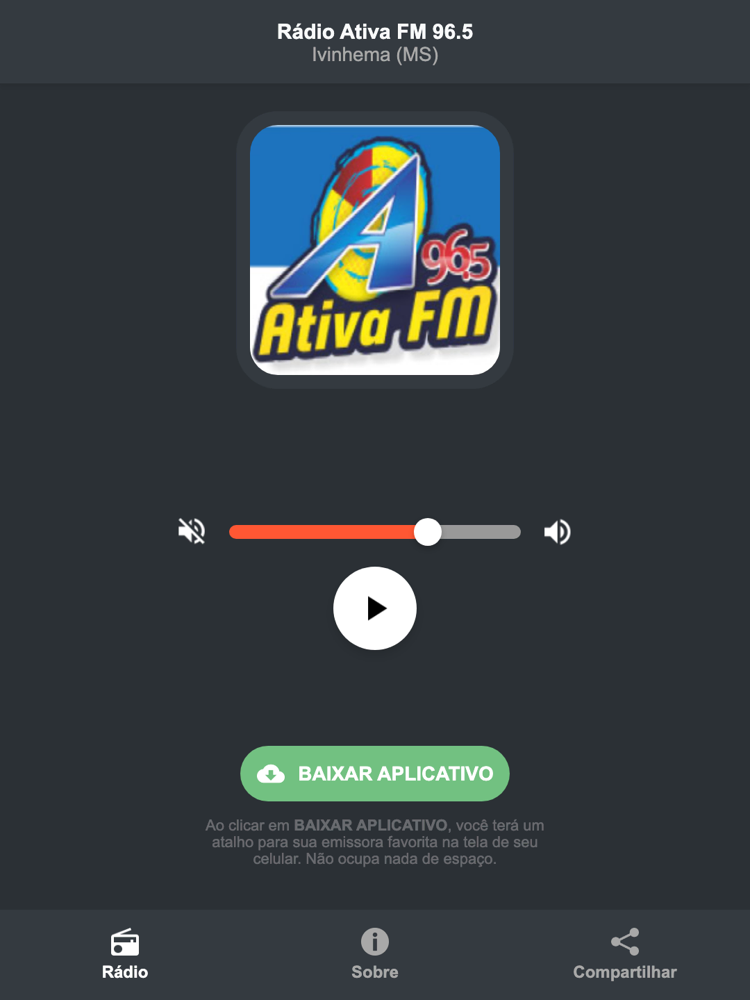 Screenshot do aplicativo da Rádio Ativa FM 96.5