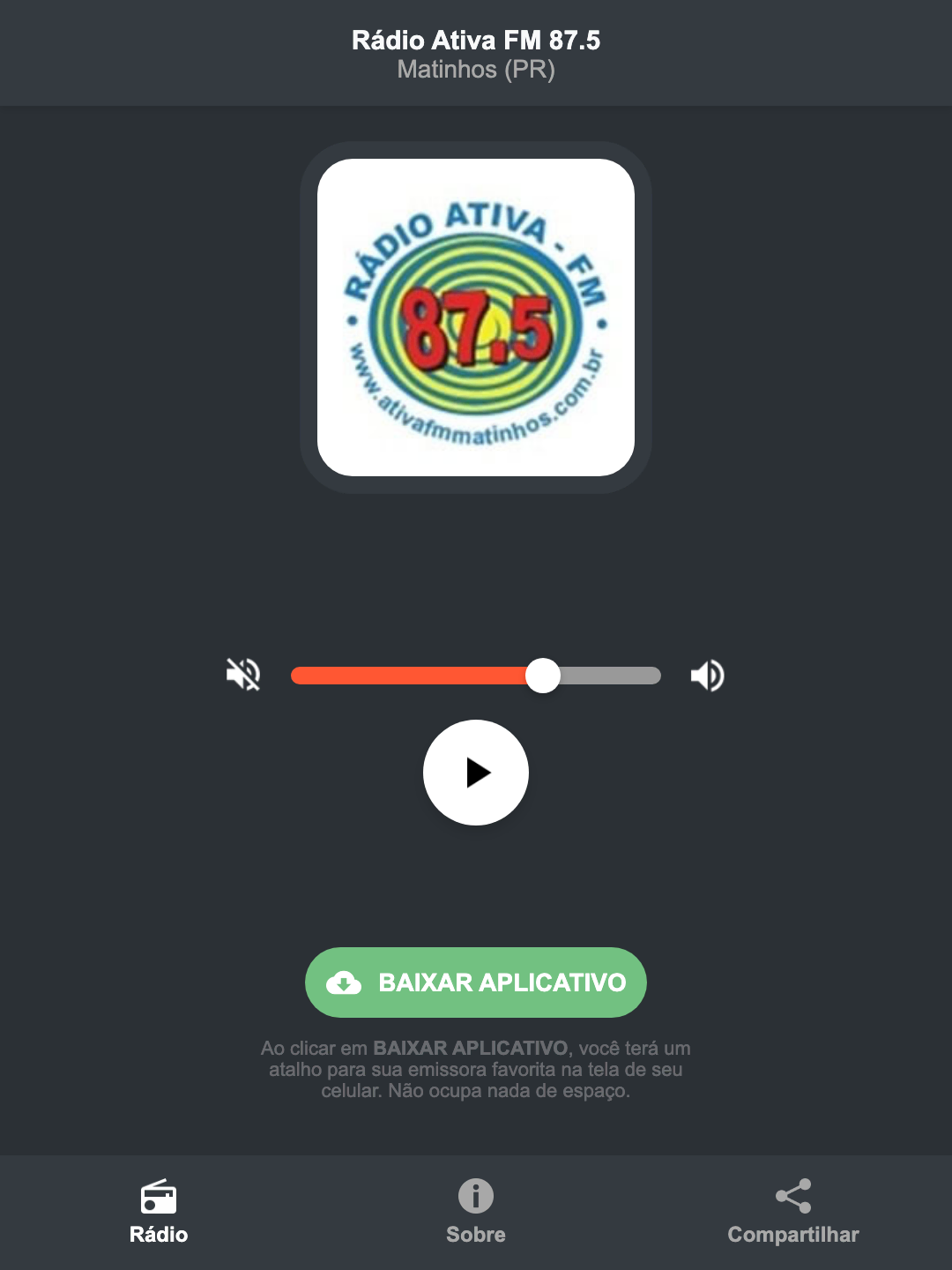 Screenshot do aplicativo da Rádio Ativa FM 87.5