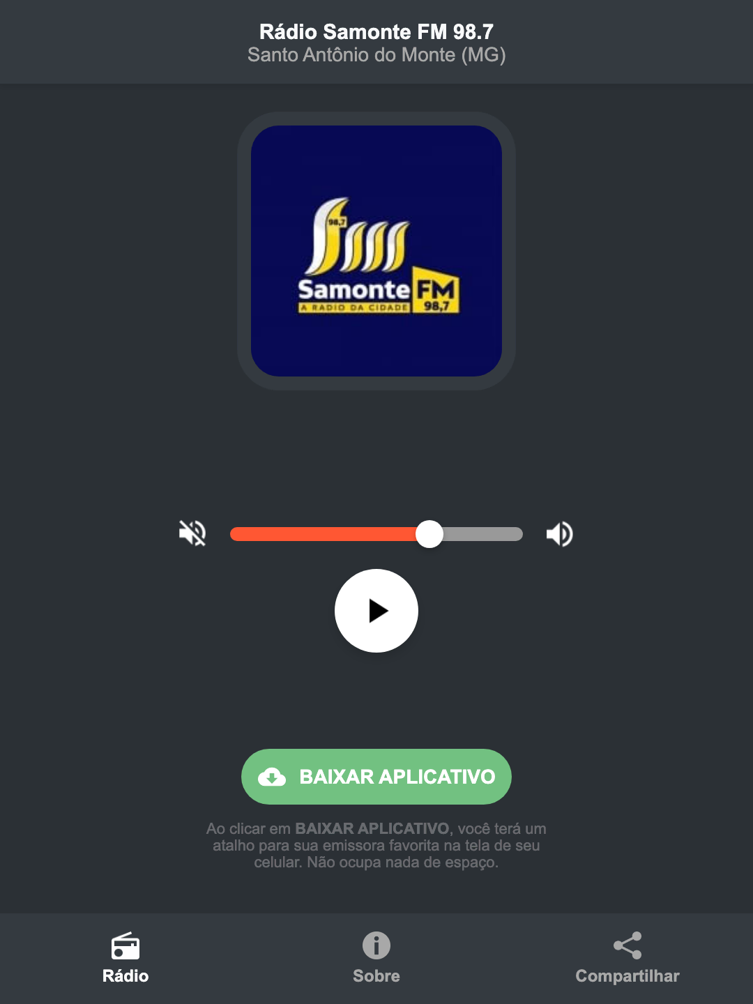 Screenshot do aplicativo da Rádio Samonte FM 98.7