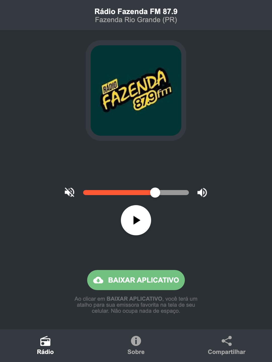Screenshot do aplicativo da Rádio Fazenda FM 87.9