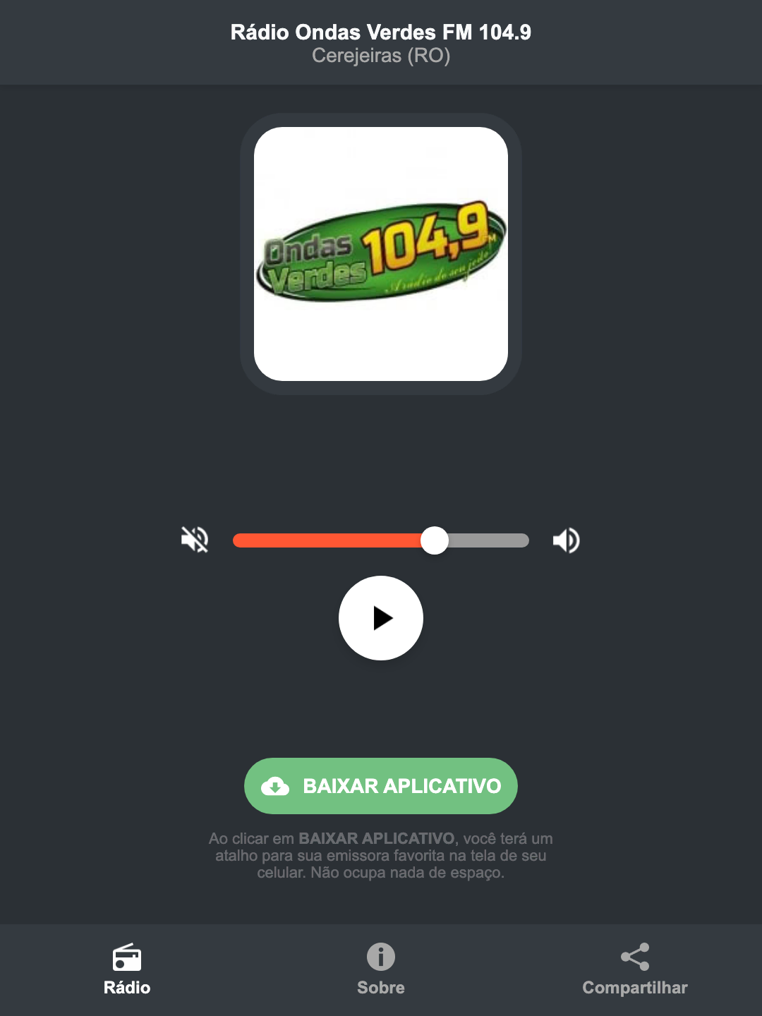 Screenshot do aplicativo da Rádio Ondas Verdes FM 104.9