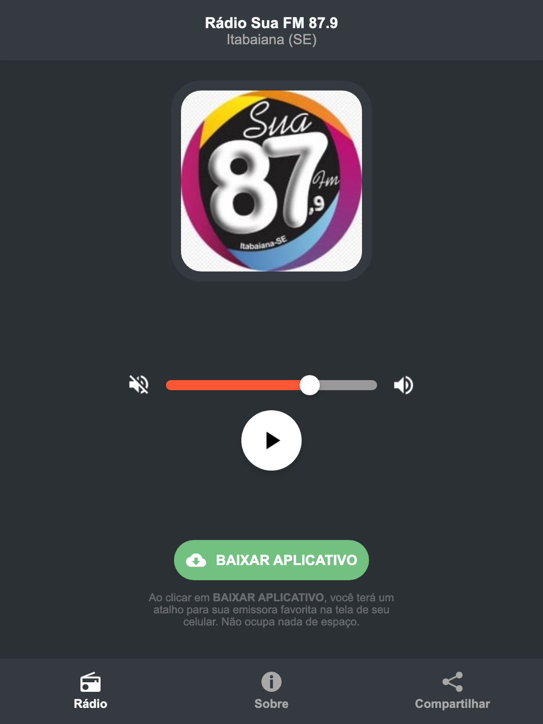 Screenshot do aplicativo da Rádio Sua FM 87.9