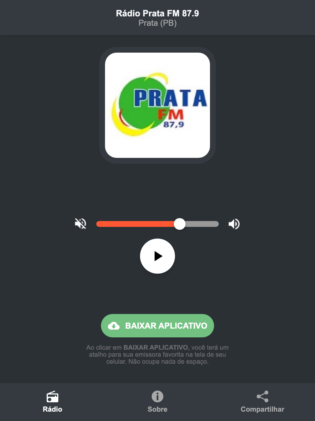 Screenshot do aplicativo da Rádio Prata FM 87.9