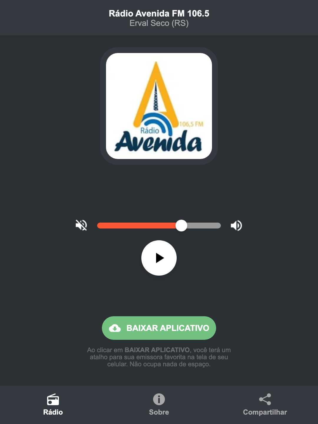 Screenshot do aplicativo da Rádio Avenida FM 106.5