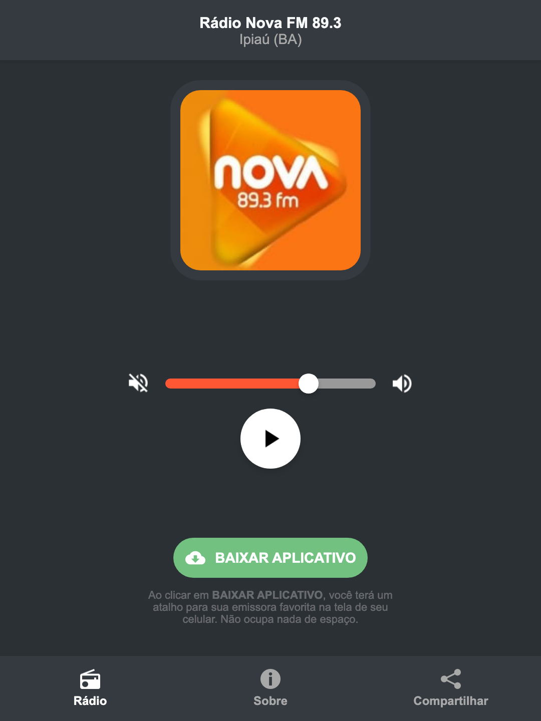 Screenshot do aplicativo da Rádio Nova FM 89.3