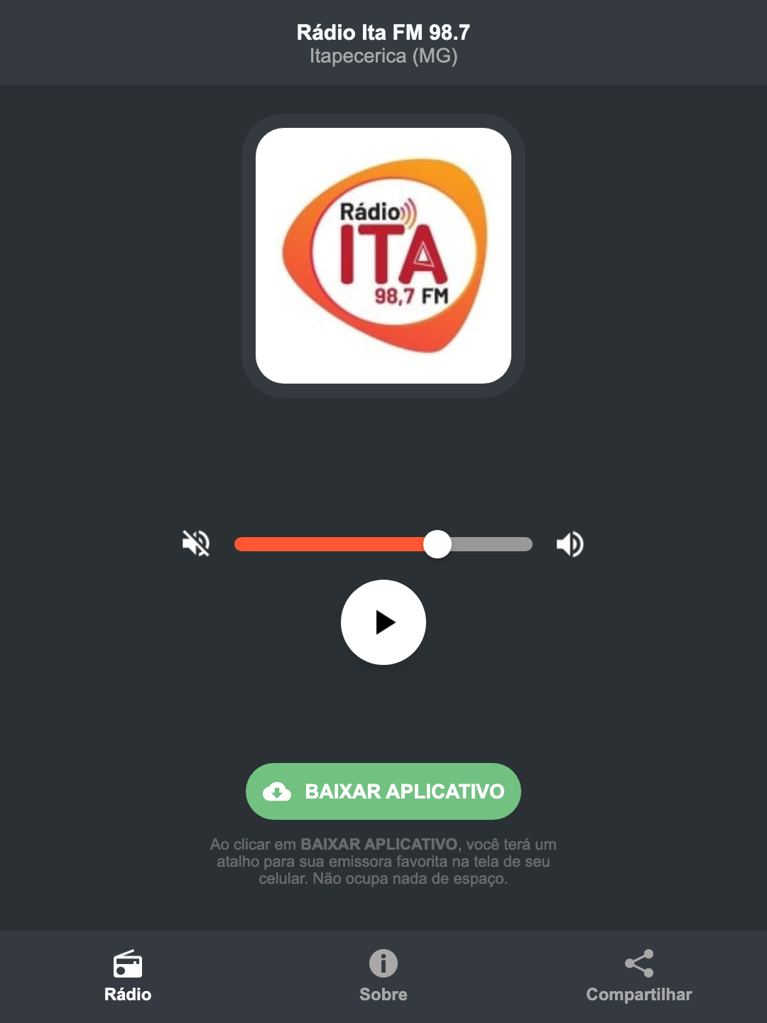 Screenshot do aplicativo da Rádio Ita FM 98.7