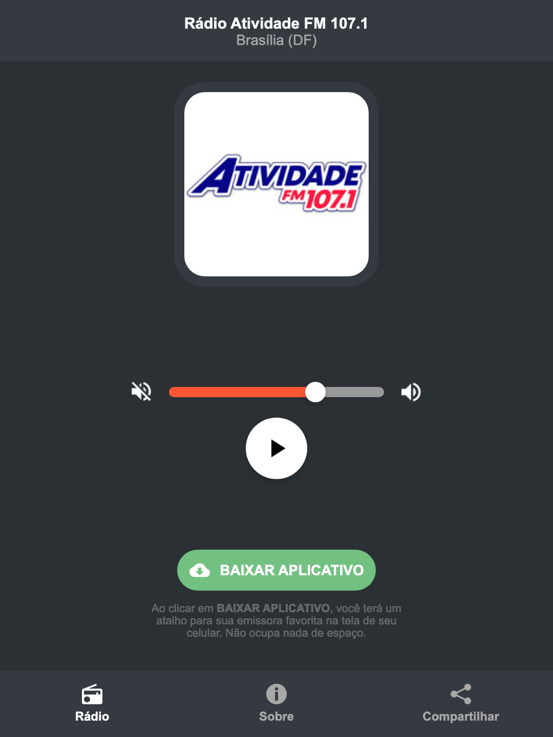 Screenshot do aplicativo da Rádio Atividade FM 107.1