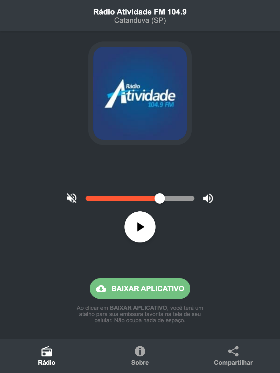 Screenshot do aplicativo da Rádio Atividade FM 104.9