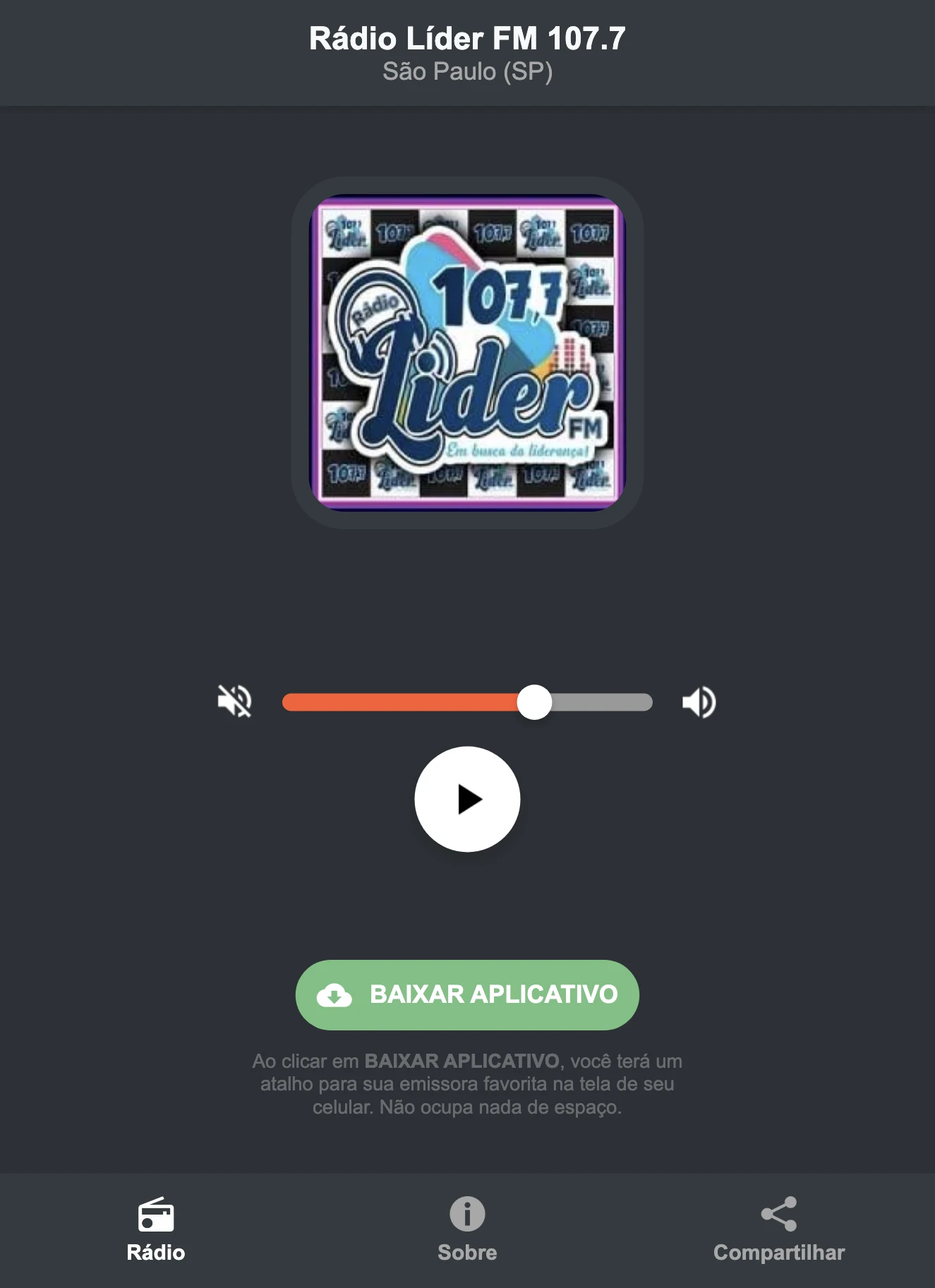 Screenshot do aplicativo da Rádio Líder FM 107.7