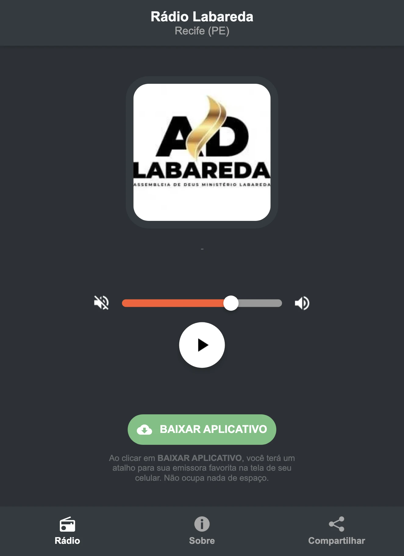Screenshot do aplicativo da Rádio Labareda