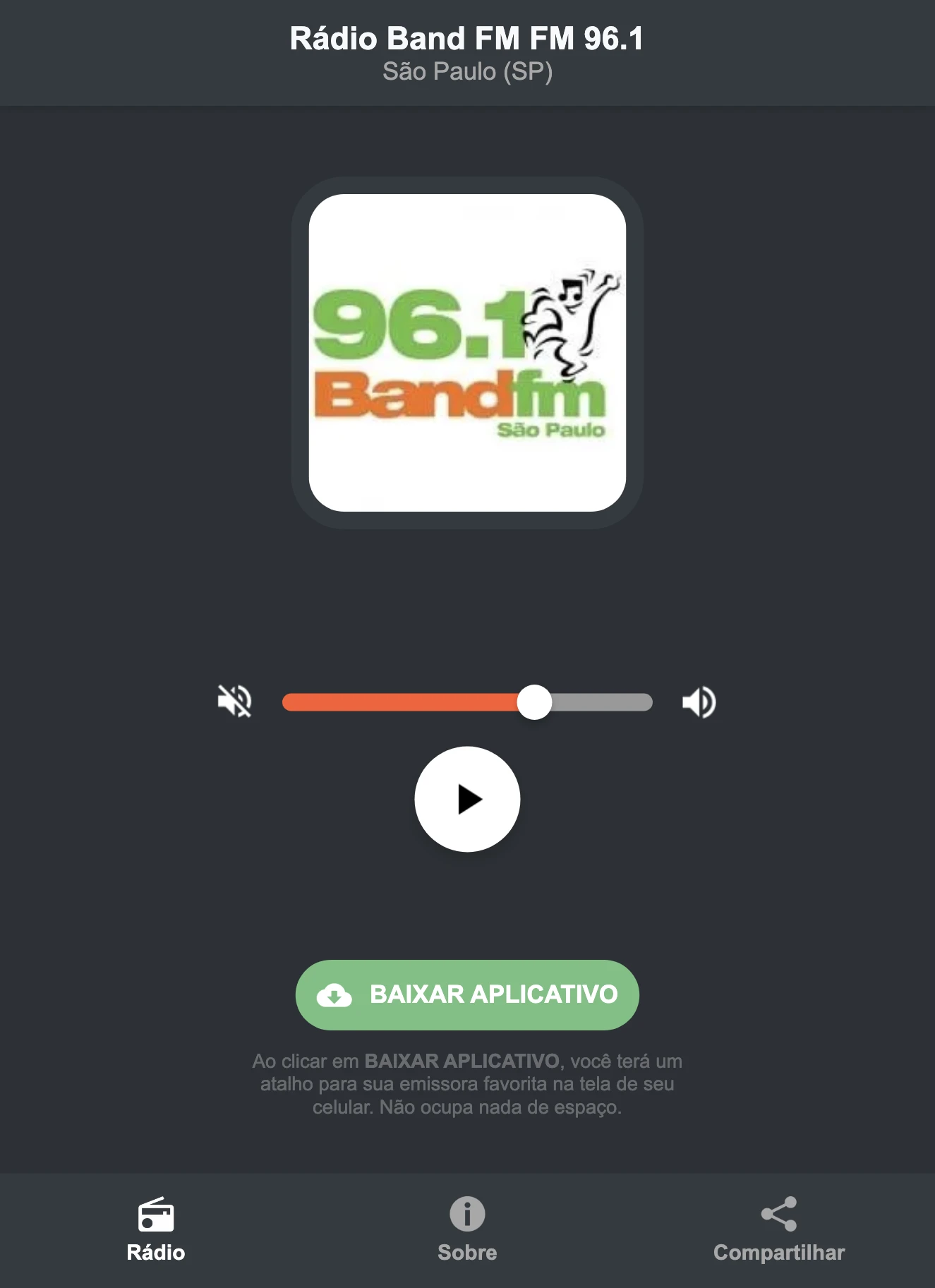 Screenshot do aplicativo da Rádio Band FM FM 96.1