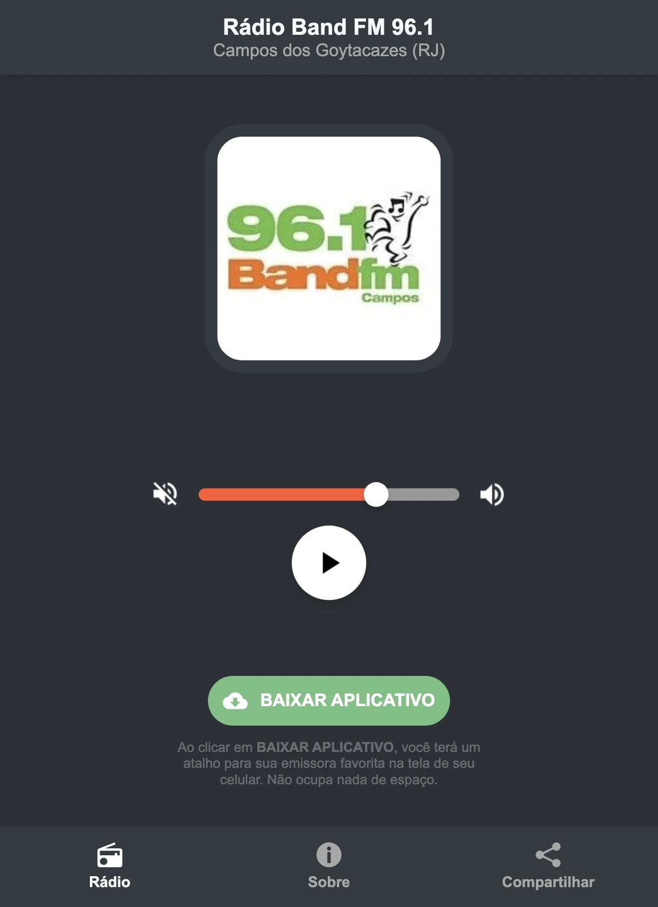Screenshot do aplicativo da Rádio Band FM 96.1