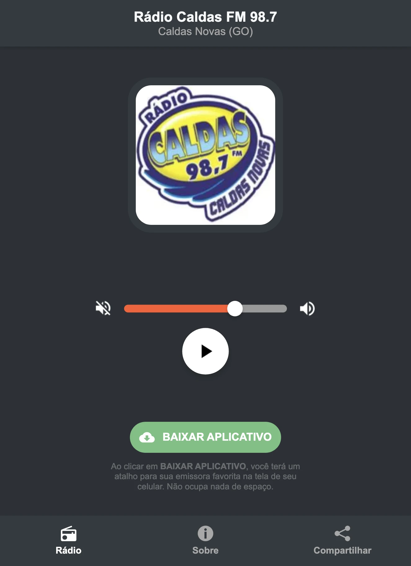 Screenshot do aplicativo da Rádio Caldas FM 98.7