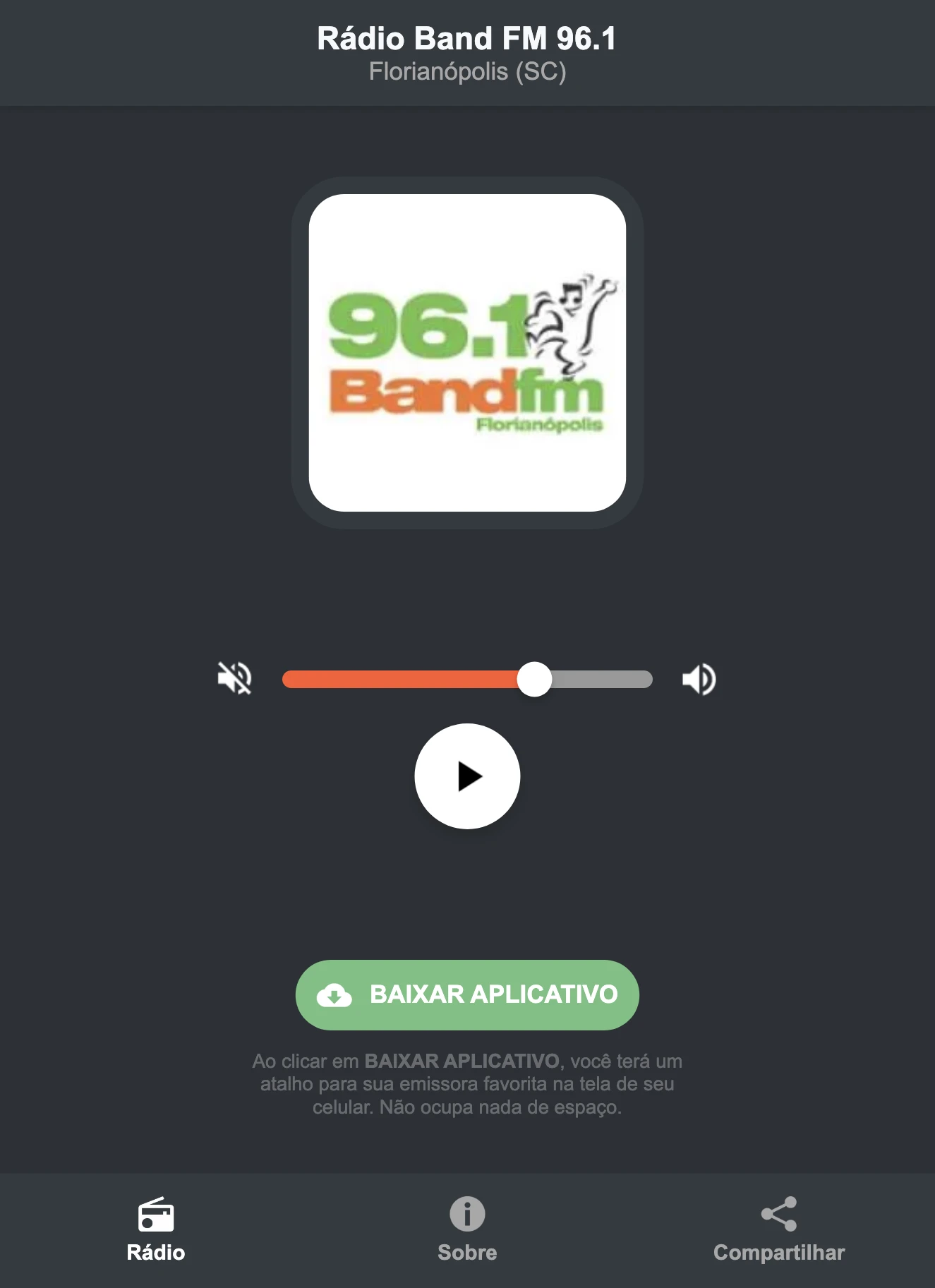 Screenshot do aplicativo da Rádio Band FM 96.1