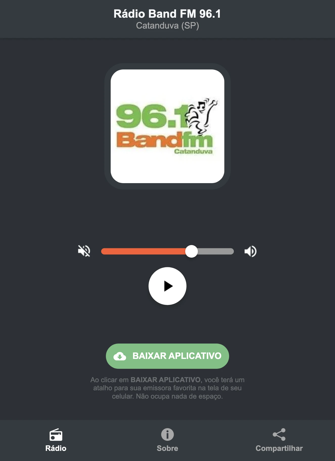 Screenshot do aplicativo da Rádio Band FM 96.1